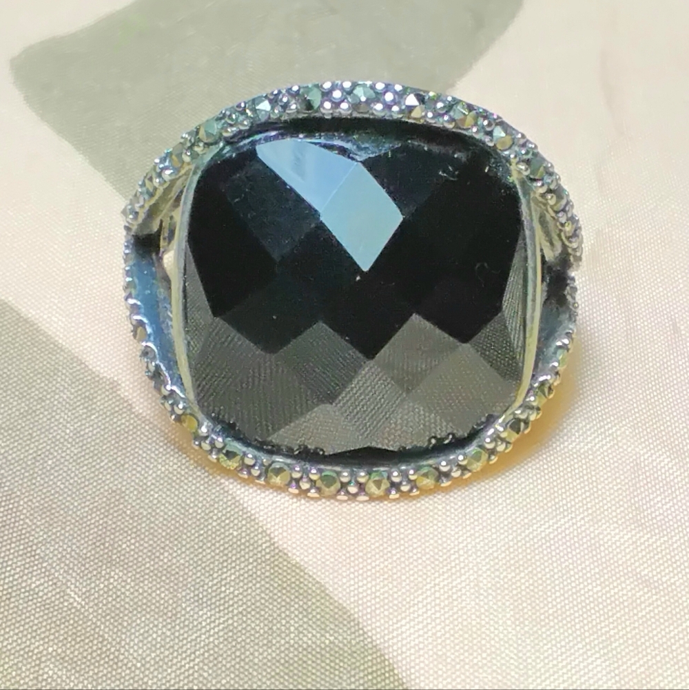 925 Silver Black Onyx & Marcasite Ring Sz 8-3/4